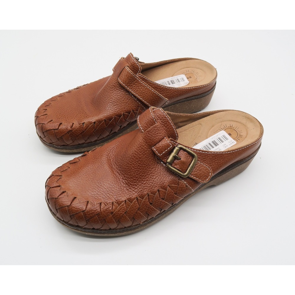 Brioso Jordyn Brown Leather Woven Whipstitch Buckle Clog Mules Womens 8M Brazil